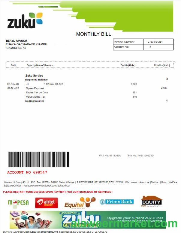 KENYA ZUKU utility bill Word and PDF template